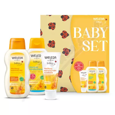 Weleda Calendula baby krem 75 ml + Calendula baby płyn do kąpieli 200 ml + Calendula baby olejek 200 ml + Bawełniana pieluszka z nadrukiem zestaw upominkowy