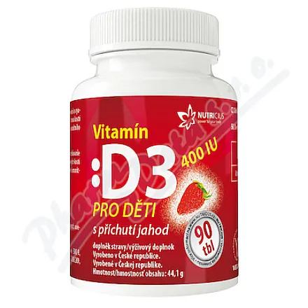 Witamina D3 400 IU dla dzieci o smaku truskawkowym, 90 tabletek