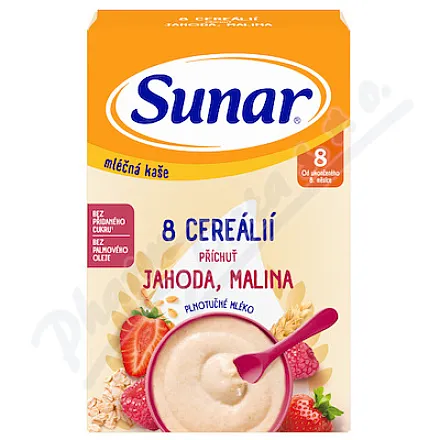 Sunar Mléčná kaše 8 cereál. jahoda/malina 8m+ 210g