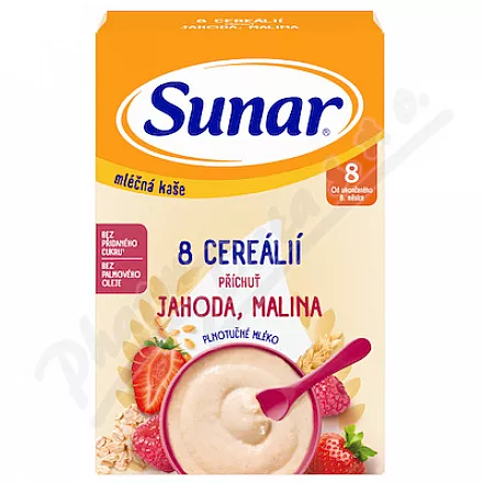 Sunar Mléčná kaše 8 cereál. jahoda/malina 8m+ 210g