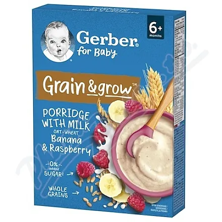 Gerber Ml. – kaszka pszenno-owsiana z malinami i bananami, 200 g, od 6. miesiąca życia