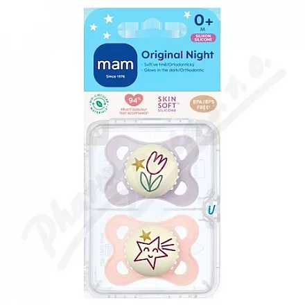 MAM Dudlík Original Night box 0+m fialo/růžový 2ks